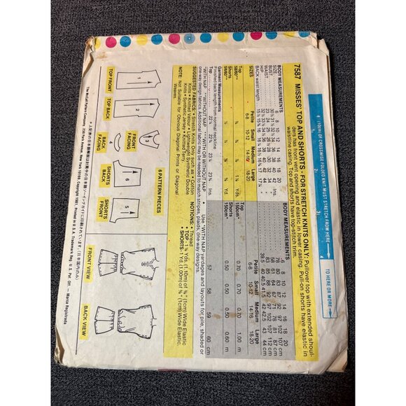 McCalls 7587 Misses Pattern Top & Shorts Size 6 8 10 12 14 16 18 20 Uncut 1981 V - Picture 3 of 7